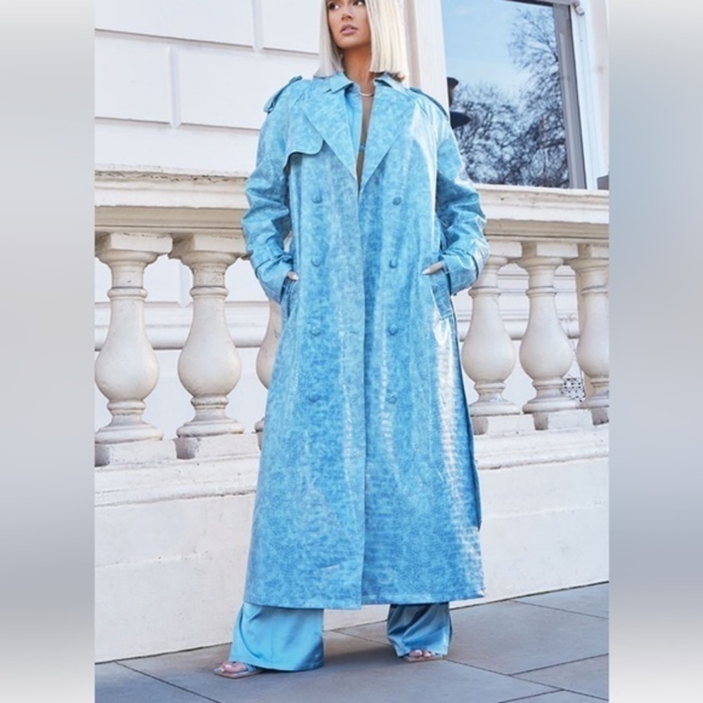 NEW Pretty Little Thing Pale Blue Croc PU Trench Coat | Size 10 - Picture 3 of 12